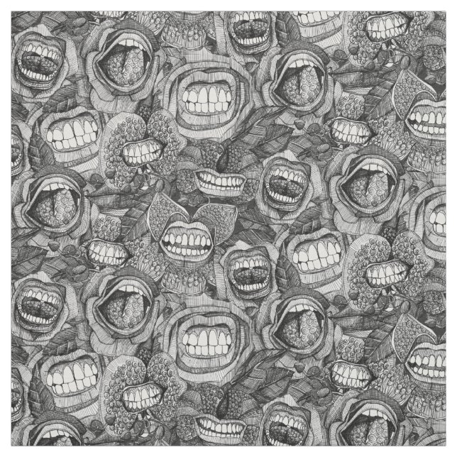 Tissu BITE ME orchidées et rose NOIR BLANC (Échantillon)