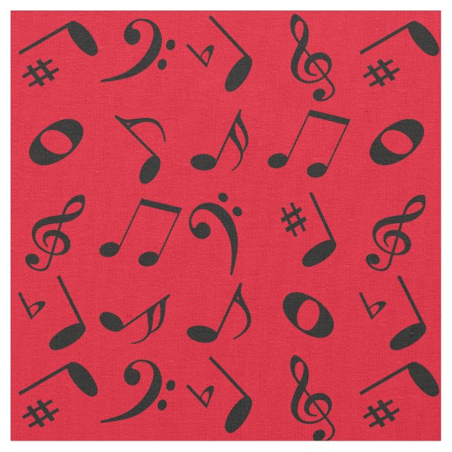 Tissu Black Angled Music Notes Motif on Red (Fermer)