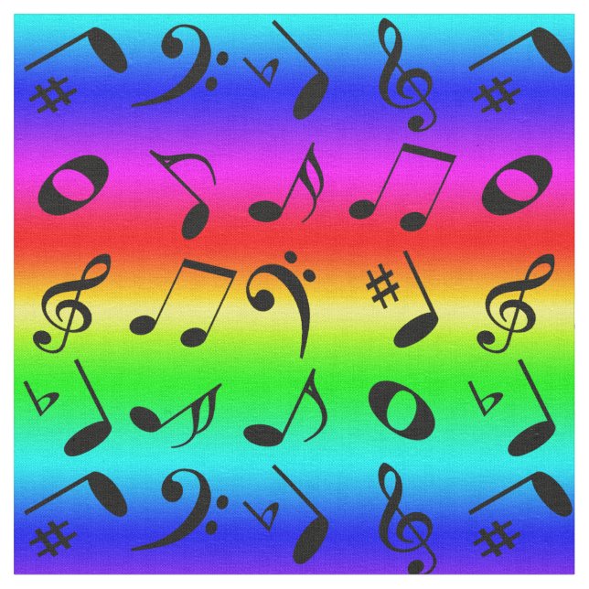 Tissu Black Angled Music Notes Motif Rainbow Gradient (Fermer)
