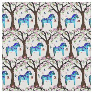 Tissu Black/blue Folk Dala, cheval/oiseaux folkloriques/