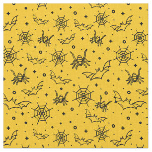 Tissu Black Spider, Web & chauve-souris sur Yellow Gold