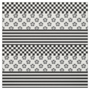 Tissu Black White Boho Check Floral Stripes Motif