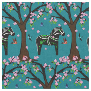 Tissu Black/white/green Folk Dala Horloge/oiseaux/fleurs