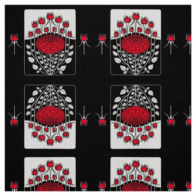 Tissu BLACK WHITE RED ROSES ,ROSEBUDS Art Nouveau Floral (Échantillon)