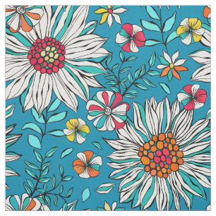 Tissu Blanc Bleu Jaune Orange Rouge Fleurs de marais Mot