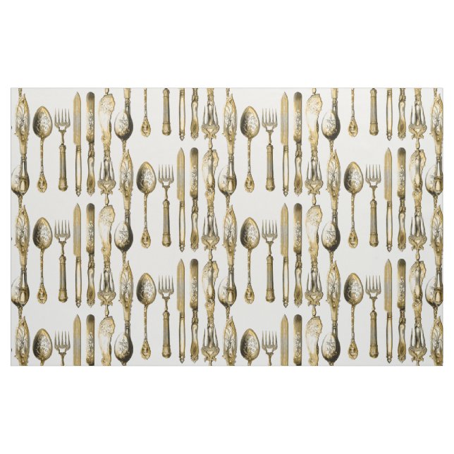 Tissu Blanc d'or de cuillère de fourchette de couteau (Fat Quarter)