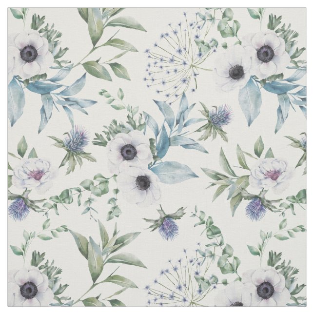 Tissu Blanc Floral Anémone Chardon Botanique (Échantillon)