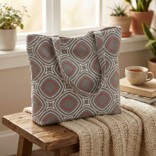 Tissu Blanc gris rouge ethnique Boho Chic Motif géométri