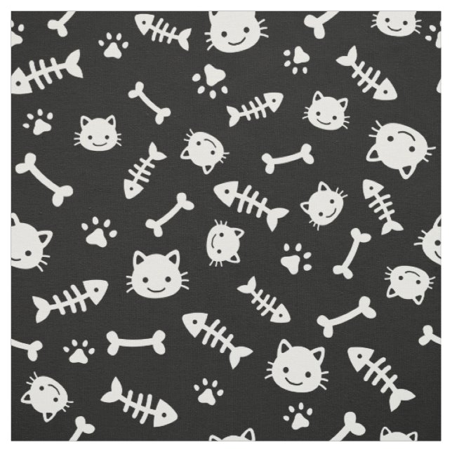 Tissu Blanc mignon sur Noir Cat Bones Poisson Paw Motif (Échantillon)