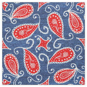 Tissu Blanc rouge floral mignon et blues-jean de Paisley