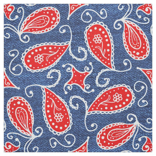 Tissu Blanc rouge floral mignon et blues-jean de Paisley (Échantillon)