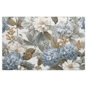 Tissu Blanc Rustique Bleu Botanique Pastel Vintage Flora