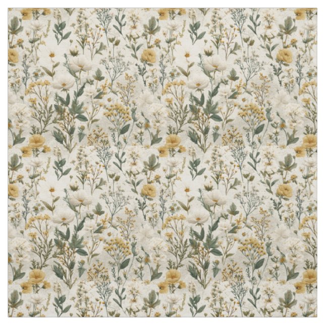 Tissu Blanc Rustique Jaune Botanique Floral Vintage (Échantillon)