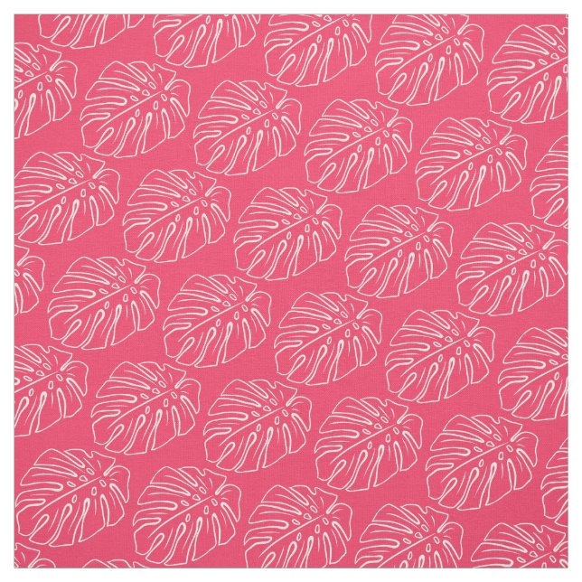 Tissu Blanc Tropical Leaf Motif Sur Coton Candy Rose (Échantillon)