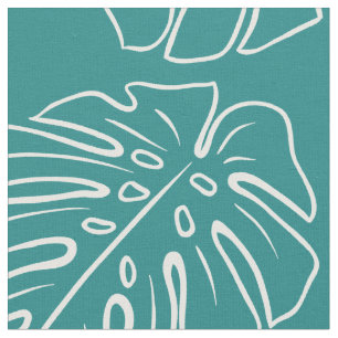 Tissu Blanc Tropical Leaf Motif Sur Cyan Turquoise Blue