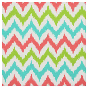 Tissu Blanc, Turquoise, Vert et Coral Zigzag Ikat