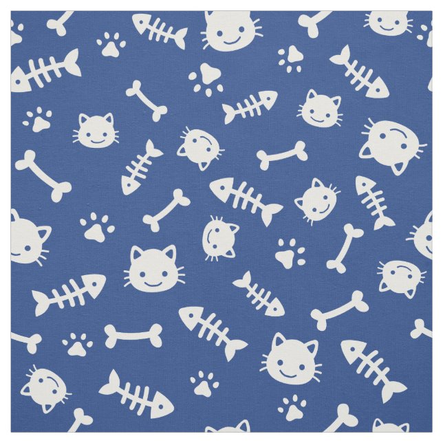Tissu Blancs mignons sur Blue Cat Bones Motif de poisson (Échantillon)