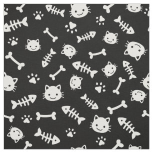 Tissu Blancs mignons sur les os de chats noirs Motif de