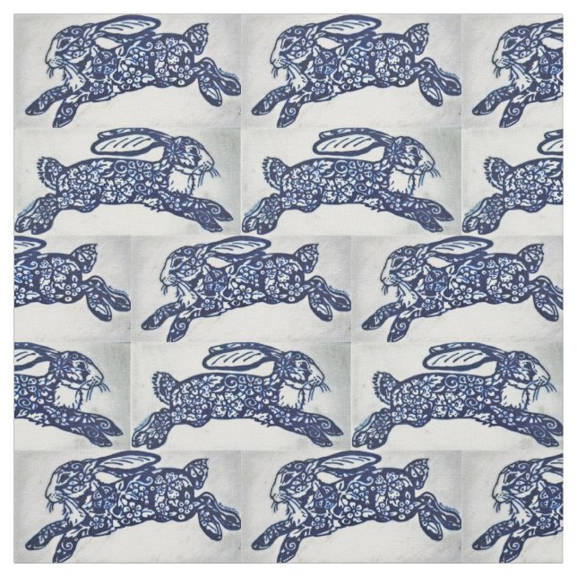 Tissu Bleu Blanc Oriental Style Rabbits Designer Fabric (Échantillon)