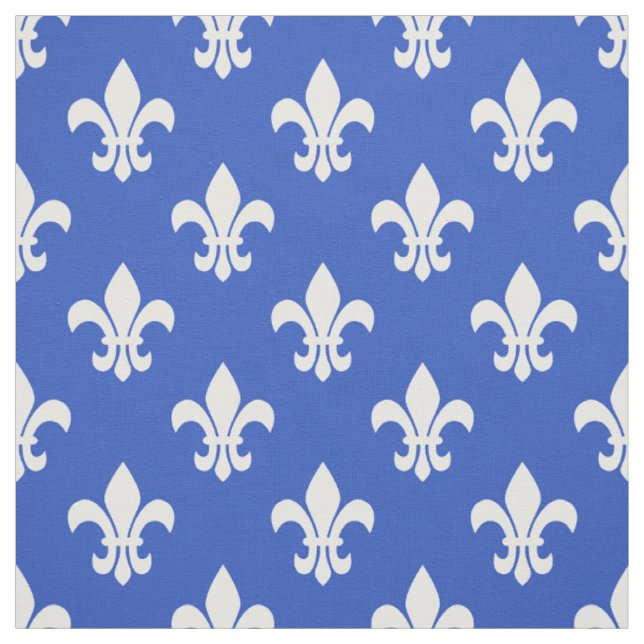Tissu Bleu Céleste, Motif Fleur De Lis Blanche (Échantillon)