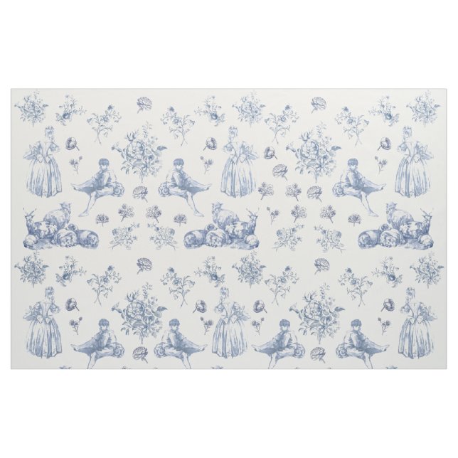 Tissu Bleu Chinoiserie Toile Floral Pastoral Français (Yard)