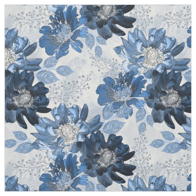 Tissu Bleu clair, fleurs bleu foncé sur gris clair (Échantillon)