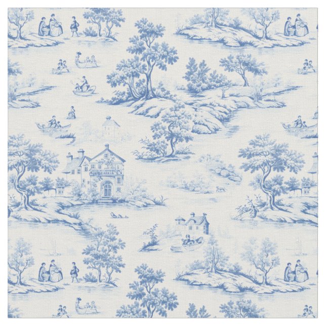 Tissu Bleu Classique Toile de Jouy Designer (Fermer)