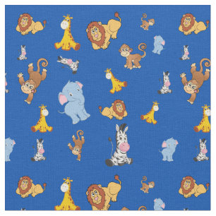 Tissu bleu Cute safari animal motif - Giraffe, éléphan