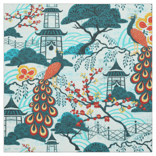 Tissu bleu de Chinoiserie de paon