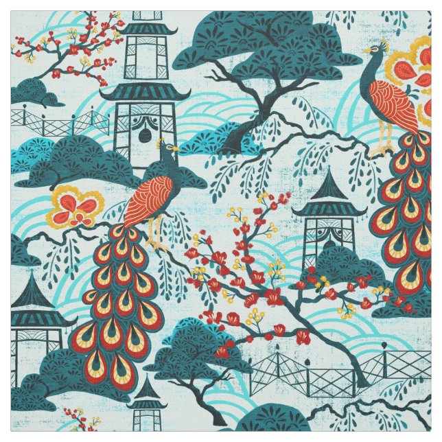 Tissu bleu de Chinoiserie de paon (Échantillon)