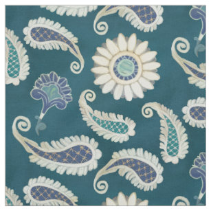 Tissu Bleu de paon floral de motif d'art de Paisley de