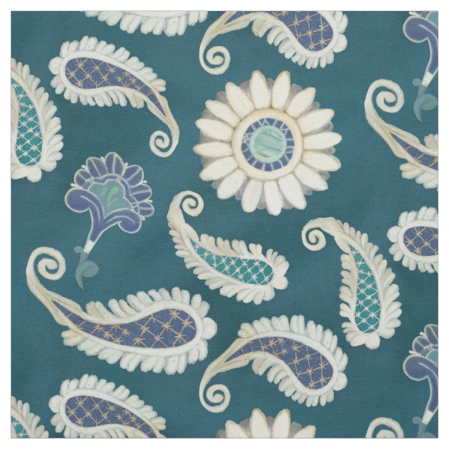 Tissu Bleu de paon floral de motif d'art de Paisley de (Échantillon)