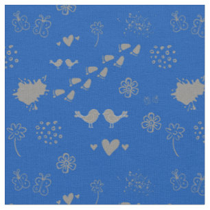 Tissu bleu et gris motif d'oiseaux, points, pas, f