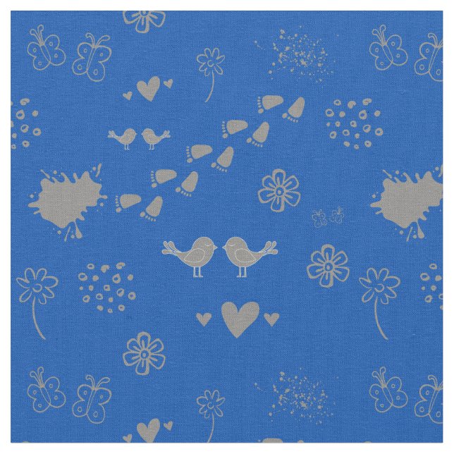 Tissu bleu et gris motif d'oiseaux, points, pas, f (Fermer)