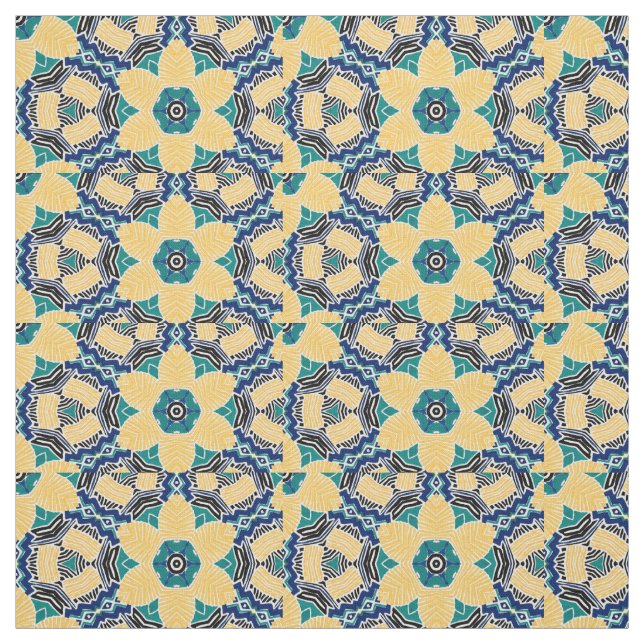 Tissu Bleu, jaune, noir forme de fleur (Échantillon)