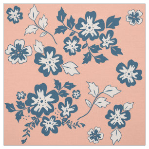 Tissu Bleu marine et motif floral de corail