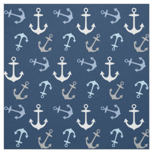 Tissu Bleu Nuit et Motif d'Ancre Gris Naval