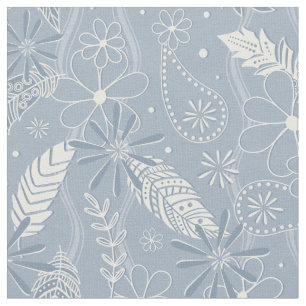 Tissu bleu poussiéreux plumes de bouho fleurs cachemire