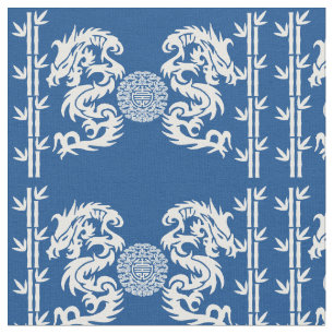Tissu Bleu profond avec les dragons et le bambou