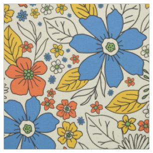 Tissu Bleu rétro, Jaune & Orange Floral
