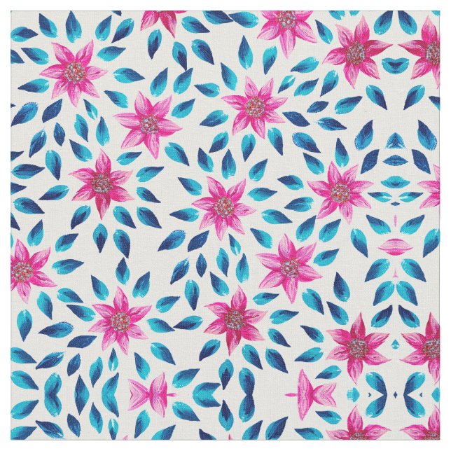 Tissu Bleu rose clair Fleurs Feuilles Peinture acrylique (Fermer)