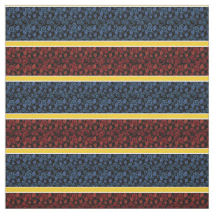 Tissu Bleu/rouge floral-or/blanc rayé - noir