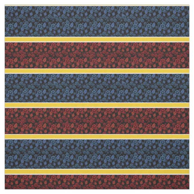 Tissu Bleu/rouge floral-or/blanc rayé - noir (Échantillon)