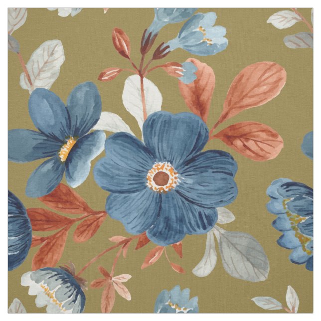Tissu Bleu Rouille Orange Brûlé Floral Vert Olive (Échantillon)