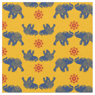 Tissu Bleu royal, Jaune doré Eléphants Indien