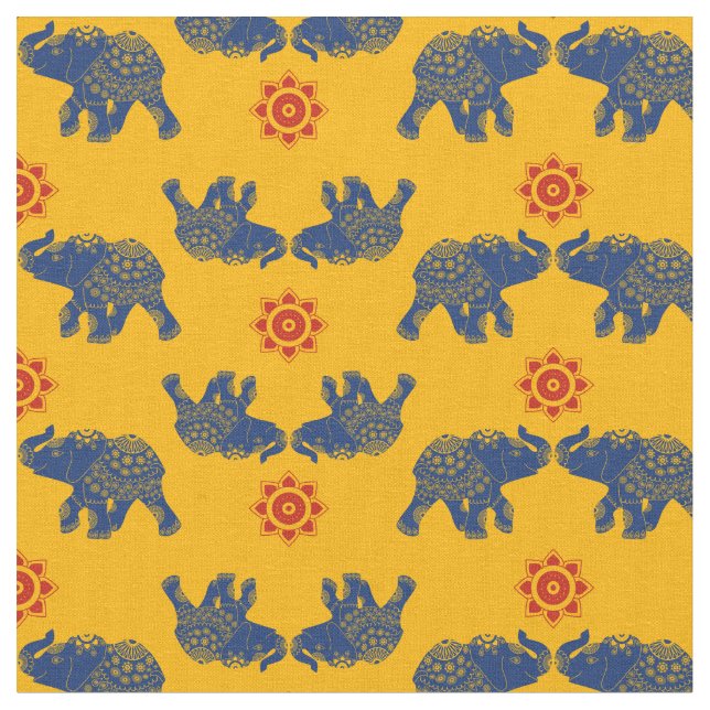 Tissu Bleu royal, Jaune doré Eléphants Indien (Fermer)