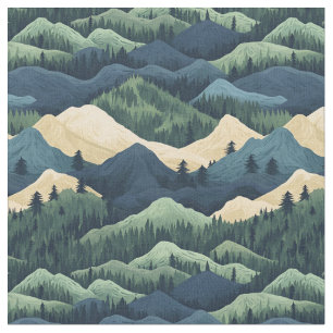 Tissu Bleu / Vert / Crème Arbres & Montagnes