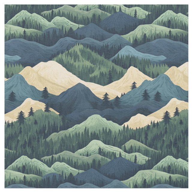 Tissu Bleu / Vert / Crème Arbres & Montagnes (Fermer)