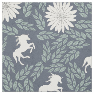 Tissu Bleu vert et ivoire Unicorne Motif