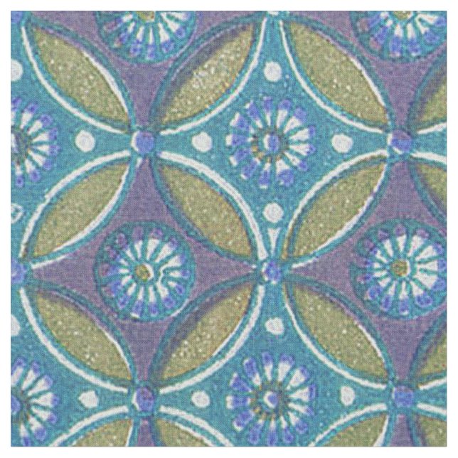 Tissu Bleu vert Rustique Boho Motif circulaire géométriq (Fermer)